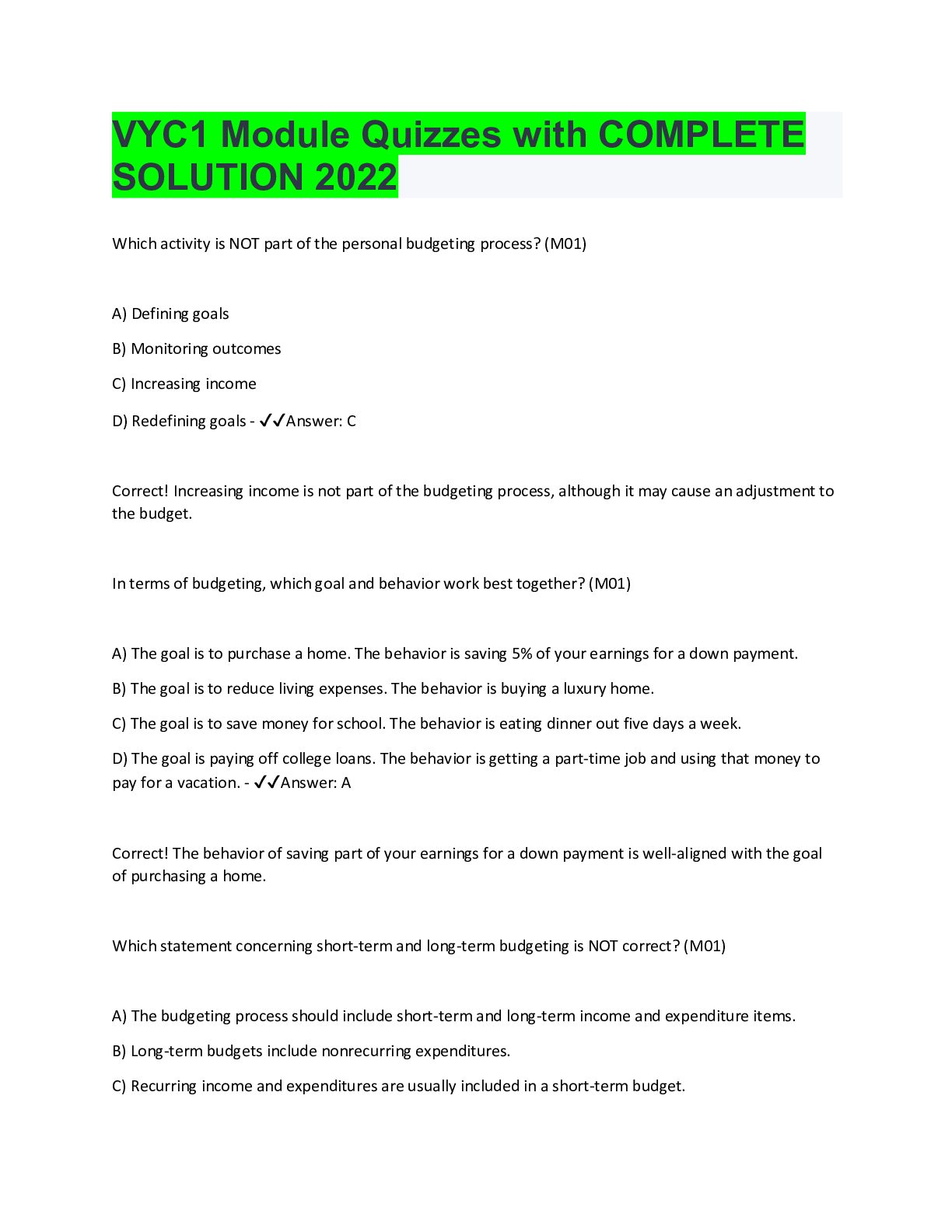 Preview of VYC1 Module Quizzes with COMPLETE SOLUTION 2022
